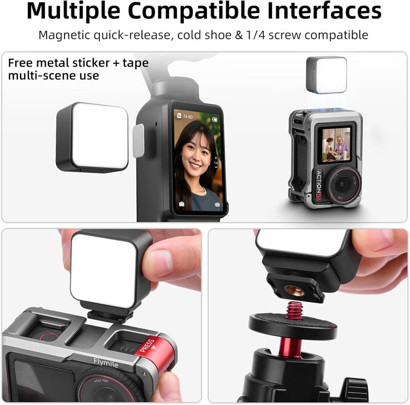 Flymile Pocket 3 Magnetic Fill Light Accessories, 6500K Adjustable Video Light For Xtra Muse with Quick - Release Cold Shoe Base, Compatible with DJI Osmo Action 5 Pro/4/3 Camera Cage Attachment,Black - Image 2